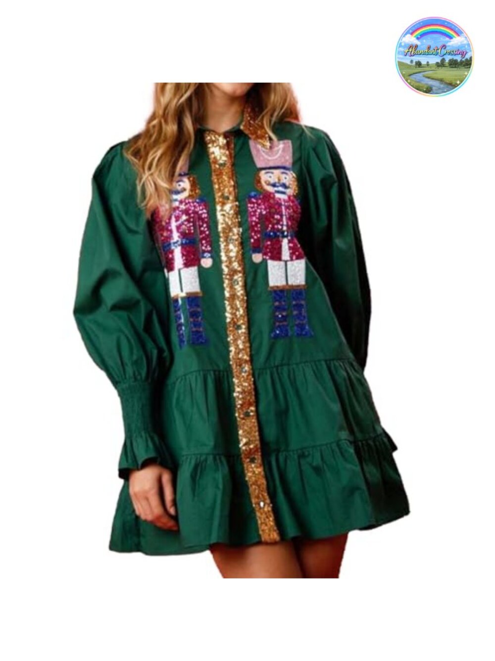 Sequin Christmas Nutcracker Mini Dress Puff Sleeve Button Down Holiday Party